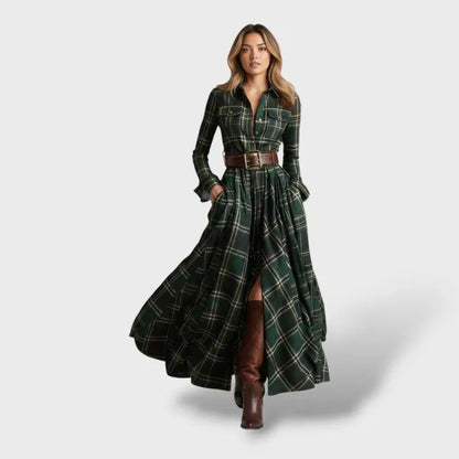 Vestido de Invitada de Boda Largo Elegante Estampado de Cuadros con Manga Larga