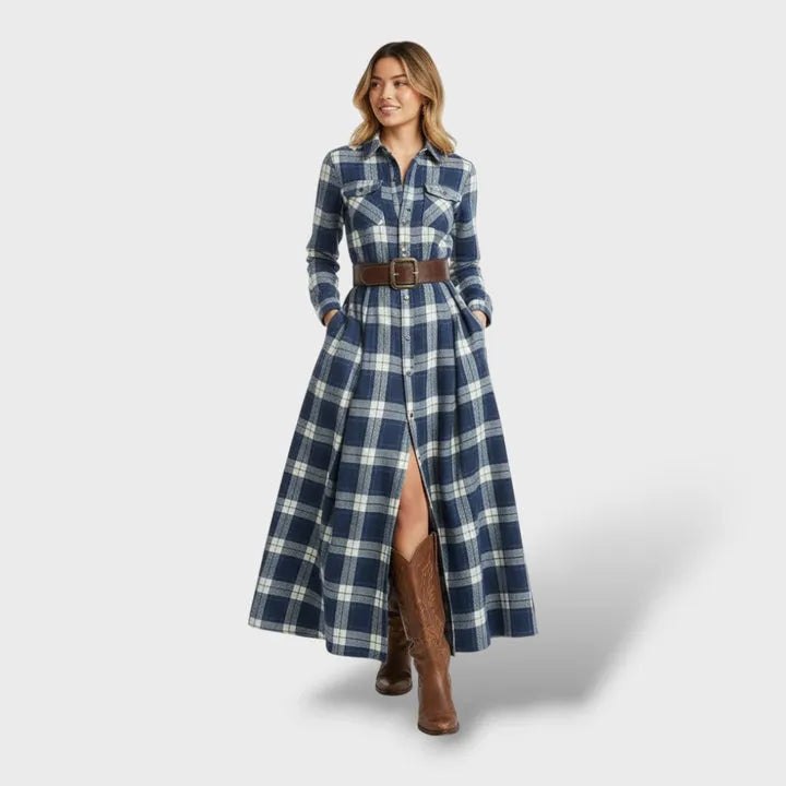 Vestido de Invitada de Boda Largo Elegante Estampado de Cuadros con Manga Larga