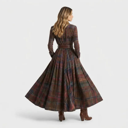 Vestido de Invitada de Boda Largo Elegante Estampado de Cuadros con Manga Larga