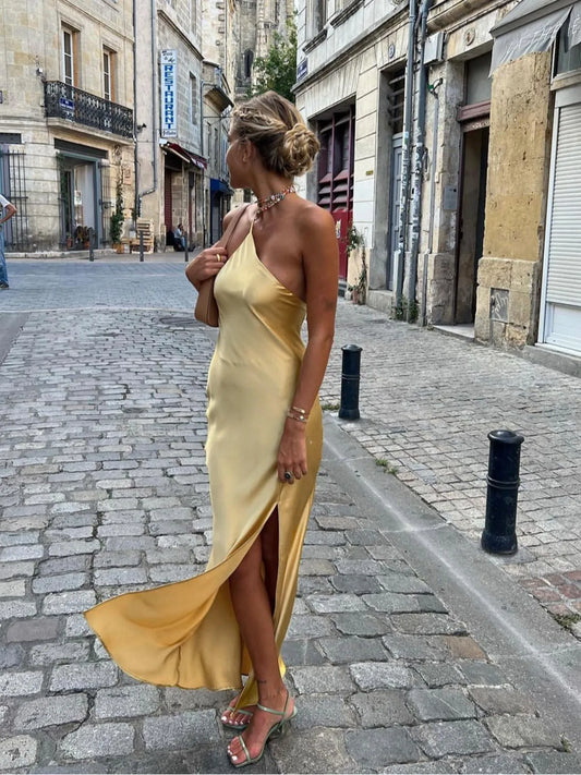Vestido de Invitada de Boda Largo Elegante Femenino con Espalda Descubierta