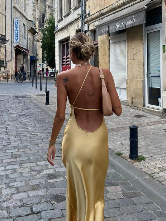 Vestido de Invitada de Boda Largo Elegante Femenino con Espalda Descubierta