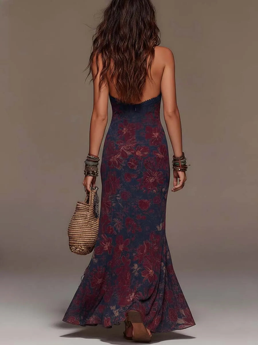 Vestido de Invitada de Boda Largo Elegante Floral con Cuello Halter