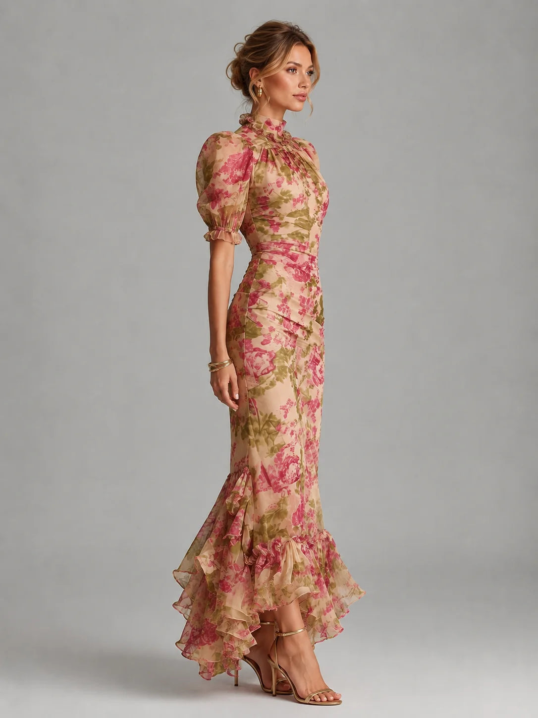 Vestido de Invitada de Boda Largo Elegante Floral con Mangas Abullonadas