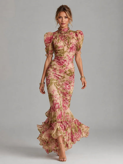 Vestido de Invitada de Boda Largo Elegante Floral con Mangas Abullonadas