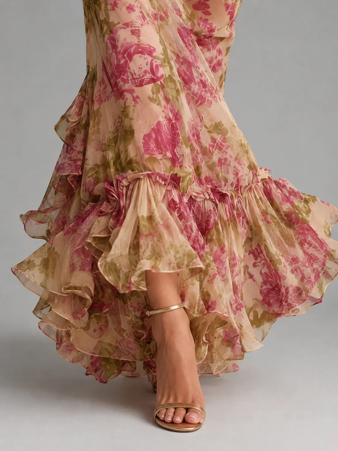 Vestido de Invitada de Boda Largo Elegante Floral con Mangas Abullonadas