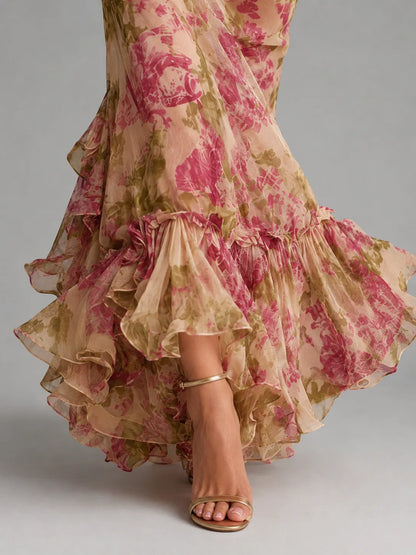 Vestido de Invitada de Boda Largo Elegante Floral con Mangas Abullonadas