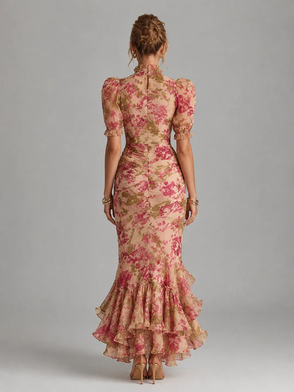 Vestido de Invitada de Boda Largo Elegante Floral con Mangas Abullonadas