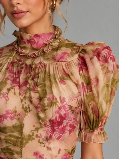 Vestido de Invitada de Boda Largo Elegante Floral con Mangas Abullonadas