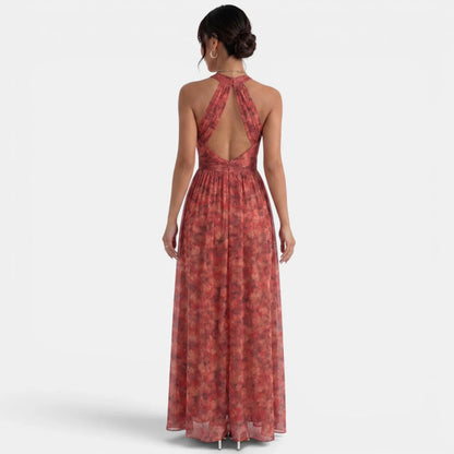 Vestido de Invitada de Boda Largo Elegante Flores con Cuello Halter