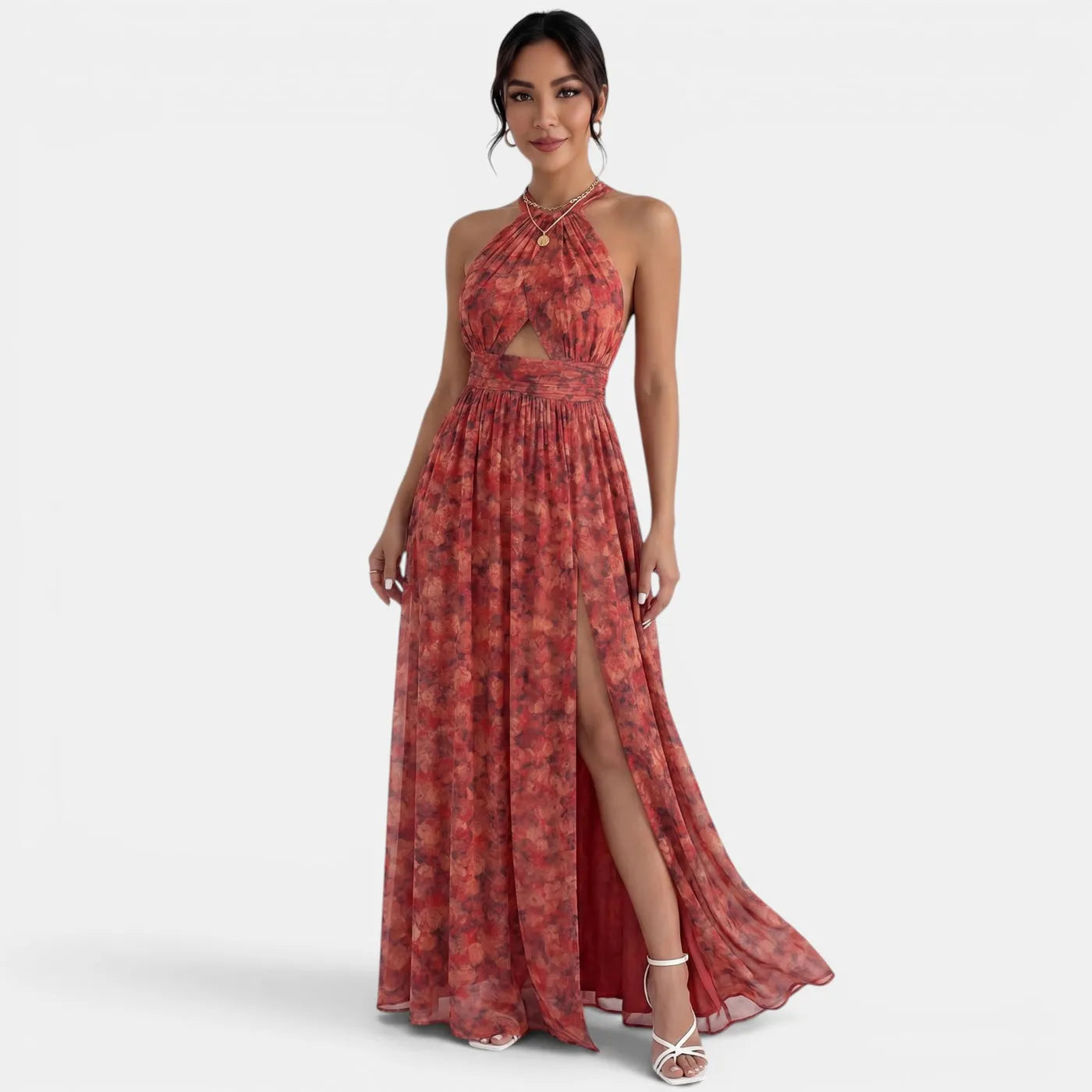 Vestido de Invitada de Boda Largo Elegante Flores con Cuello Halter