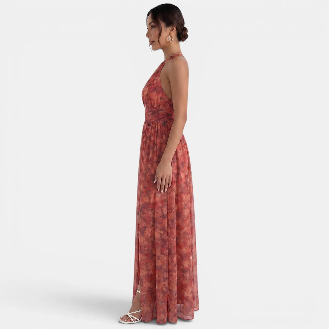 Vestido de Invitada de Boda Largo Elegante Flores con Cuello Halter