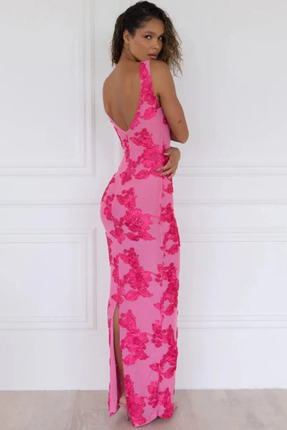 Vestido de Invitada de Boda Largo Elegante Flores con Espalda Descubierta