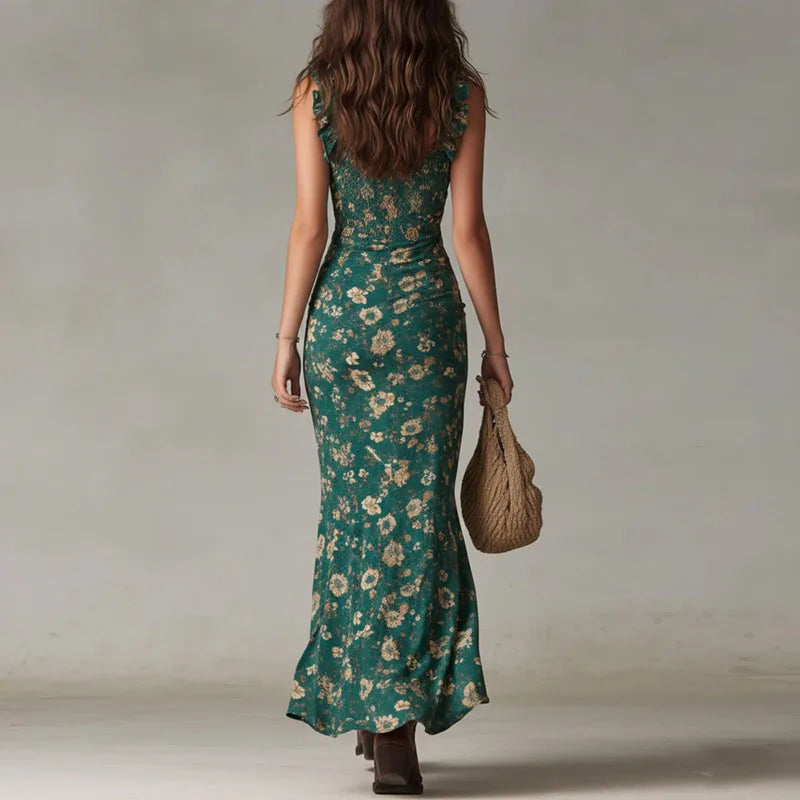 Vestido de Invitada de Boda Largo Elegante Flores con Fruncido