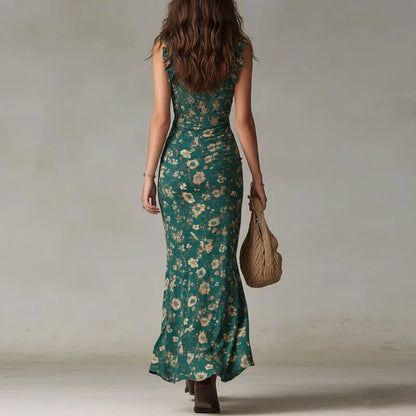 Vestido de Invitada de Boda Largo Elegante Flores con Fruncido