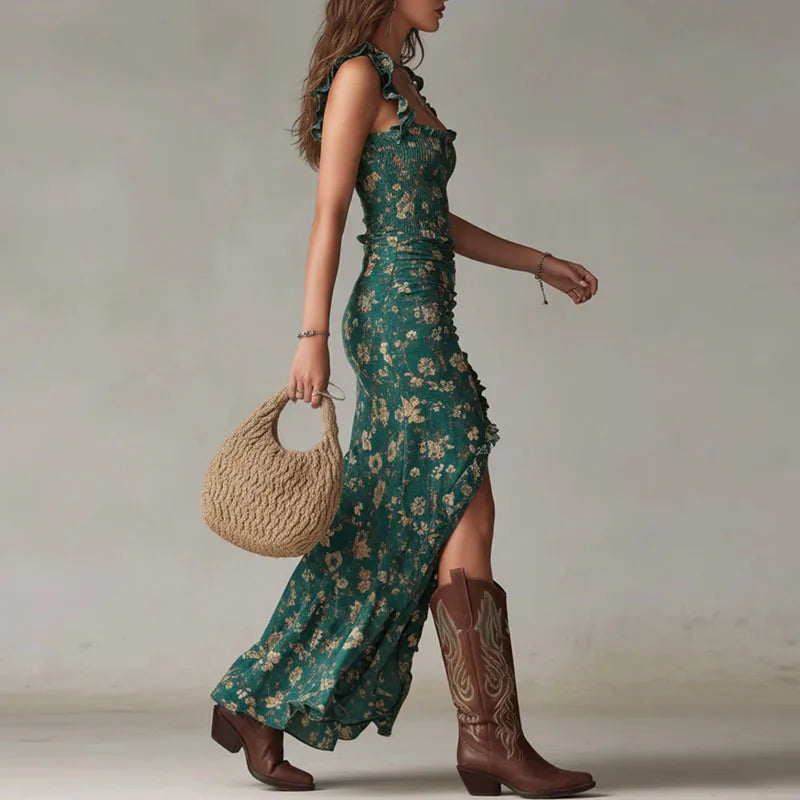 Vestido de Invitada de Boda Largo Elegante Flores con Fruncido