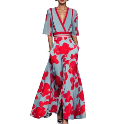 Vestido de Invitada de Boda Largo Elegante Flores con Manga Corta