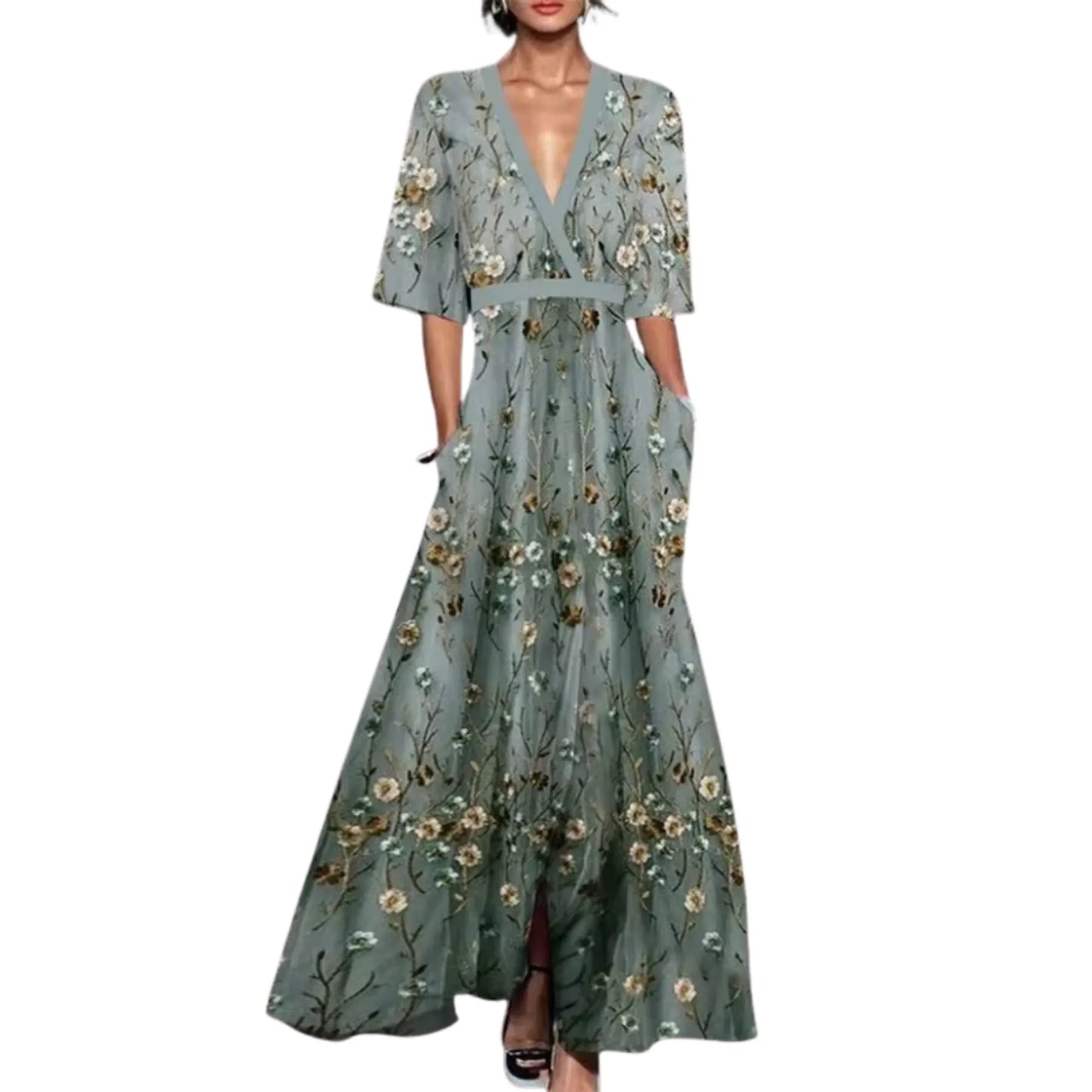 Vestido de Invitada de Boda Largo Elegante Flores con Manga Corta