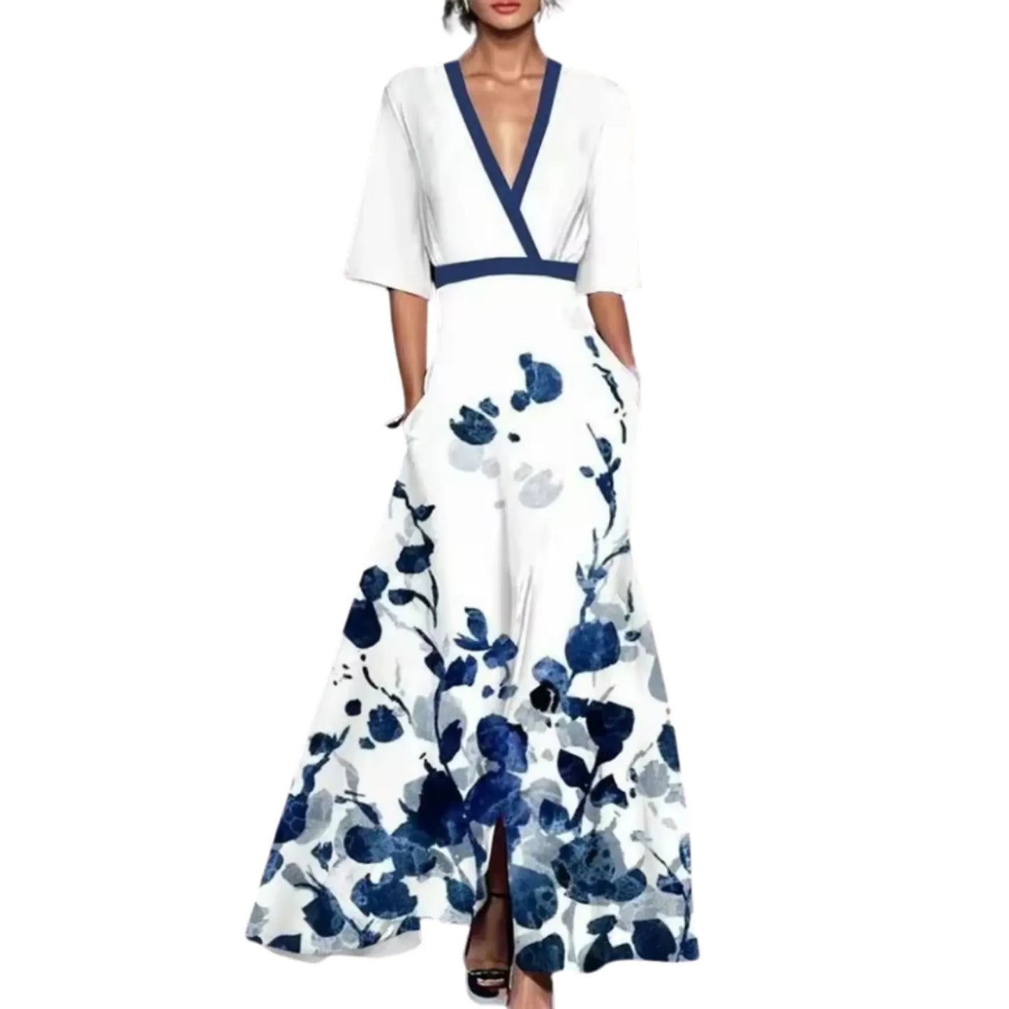 Vestido de Invitada de Boda Largo Elegante Flores con Manga Corta