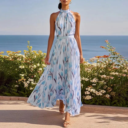 Vestido de Invitada de Boda Largo Elegante Flores con Plisado