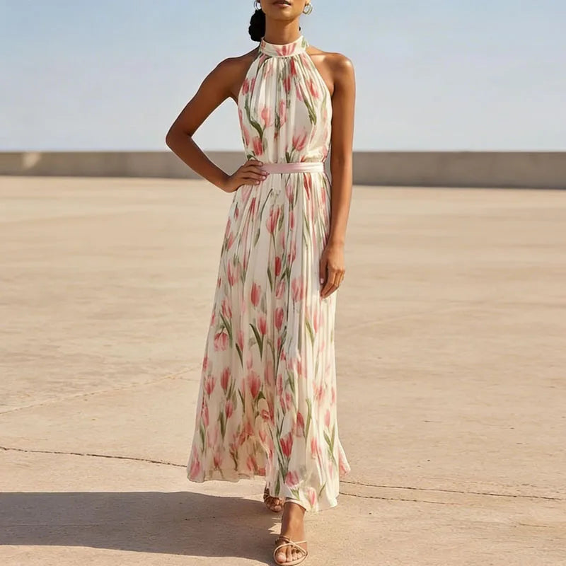 Vestido de Invitada de Boda Largo Elegante Flores con Plisado