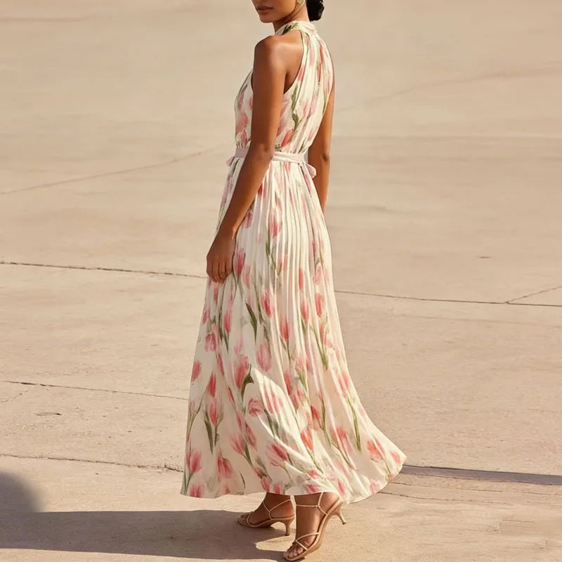 Vestido de Invitada de Boda Largo Elegante Flores con Plisado