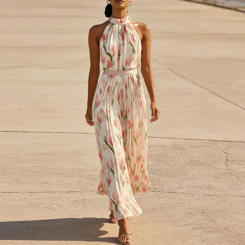 Vestido de Invitada de Boda Largo Elegante Flores con Plisado
