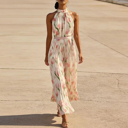 Vestido de Invitada de Boda Largo Elegante Flores con Plisado
