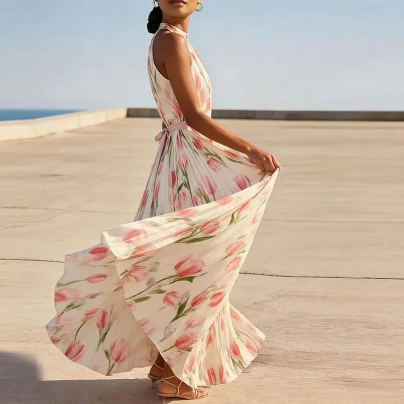 Vestido de Invitada de Boda Largo Elegante Flores con Plisado