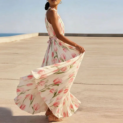 Vestido de Invitada de Boda Largo Elegante Flores con Plisado