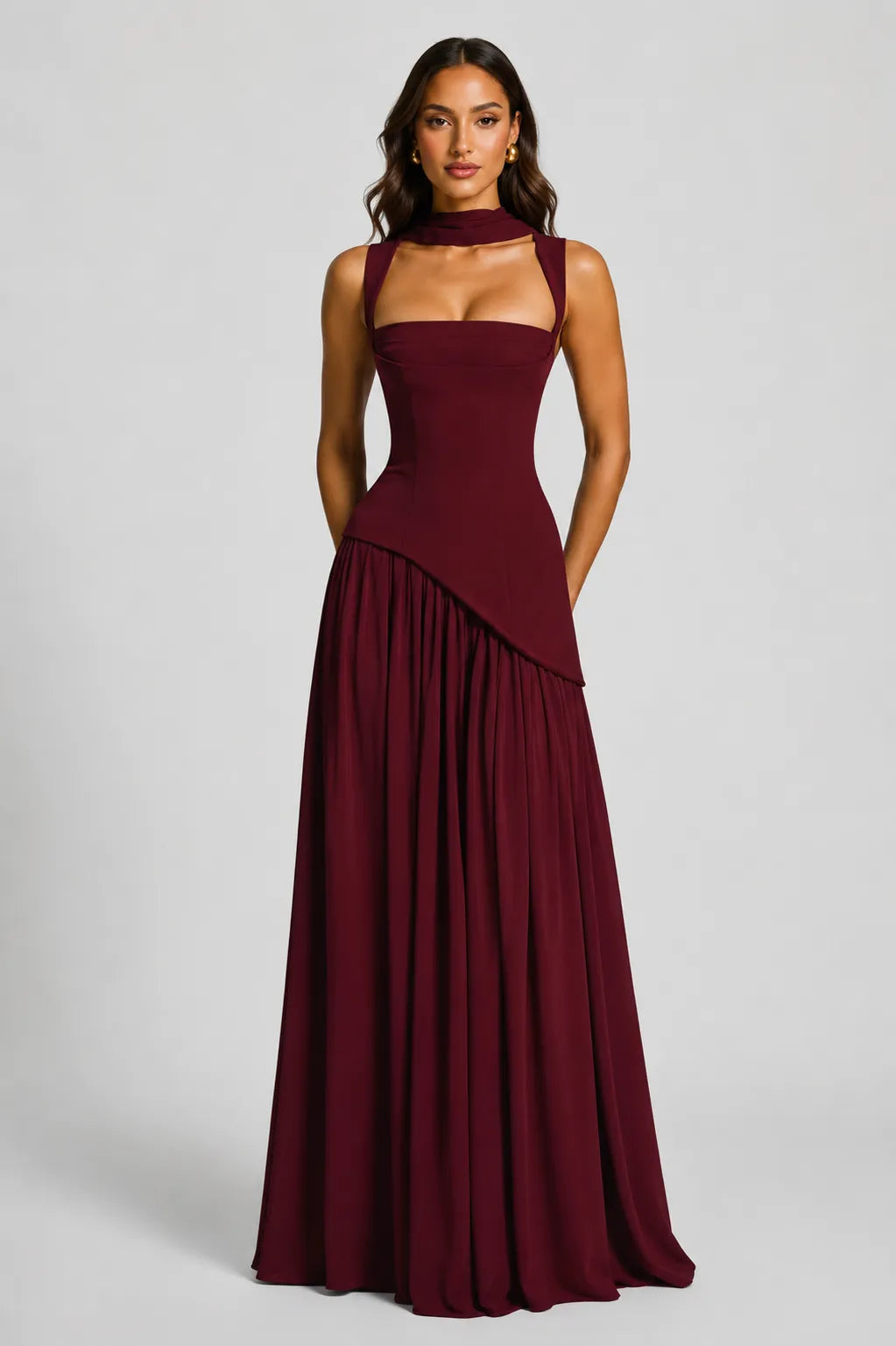 Vestido de Invitada de Boda Largo Elegante Fluido con Asimétrico
