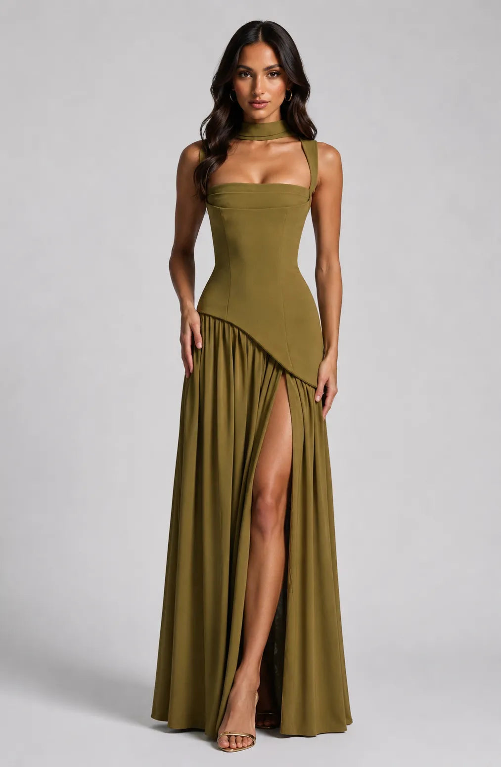 Vestido de Invitada de Boda Largo Elegante Fluido con Asimétrico