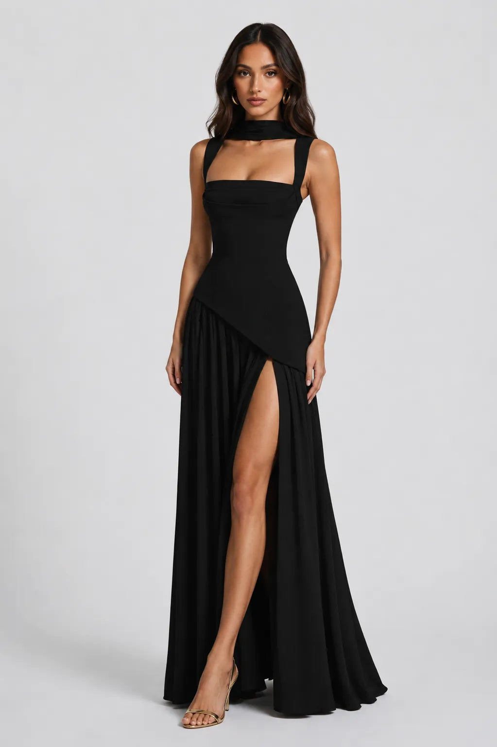 Vestido de Invitada de Boda Largo Elegante Fluido con Asimétrico