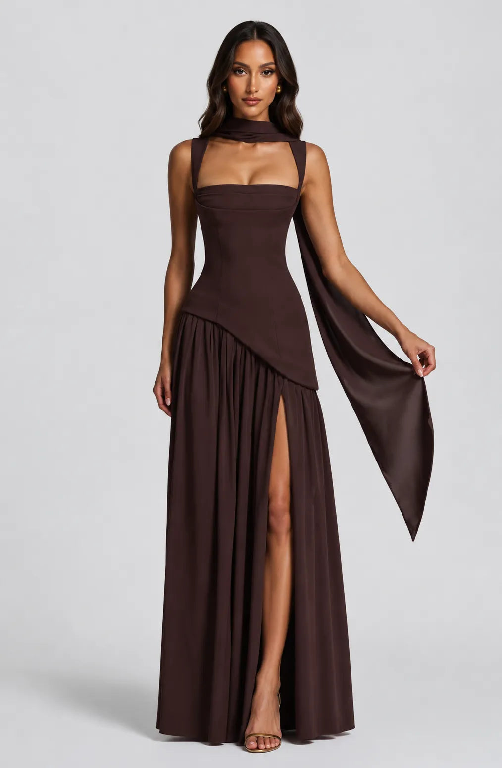 Vestido de Invitada de Boda Largo Elegante Fluido con Asimétrico