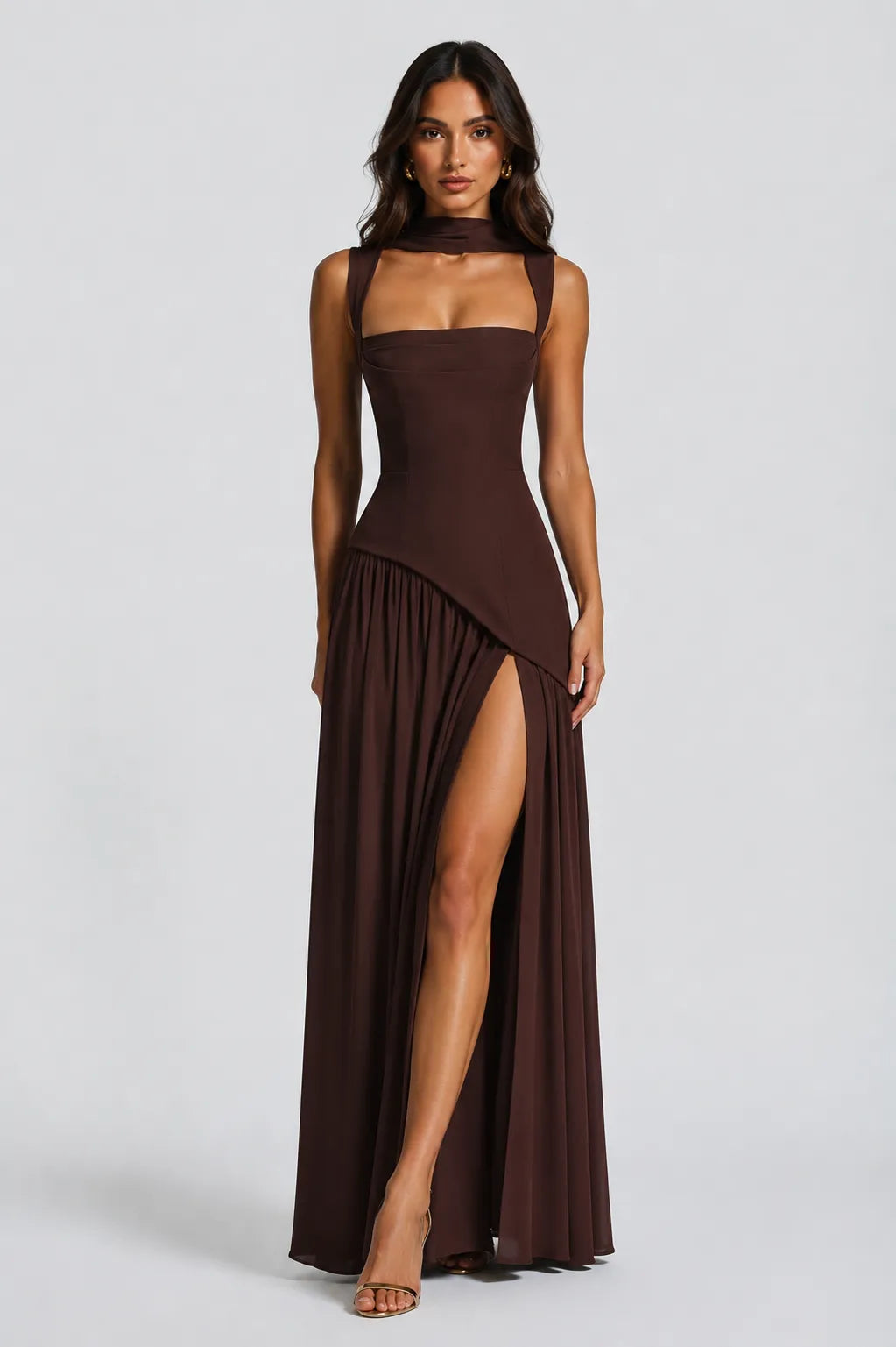 Vestido de Invitada de Boda Largo Elegante Fluido con Asimétrico