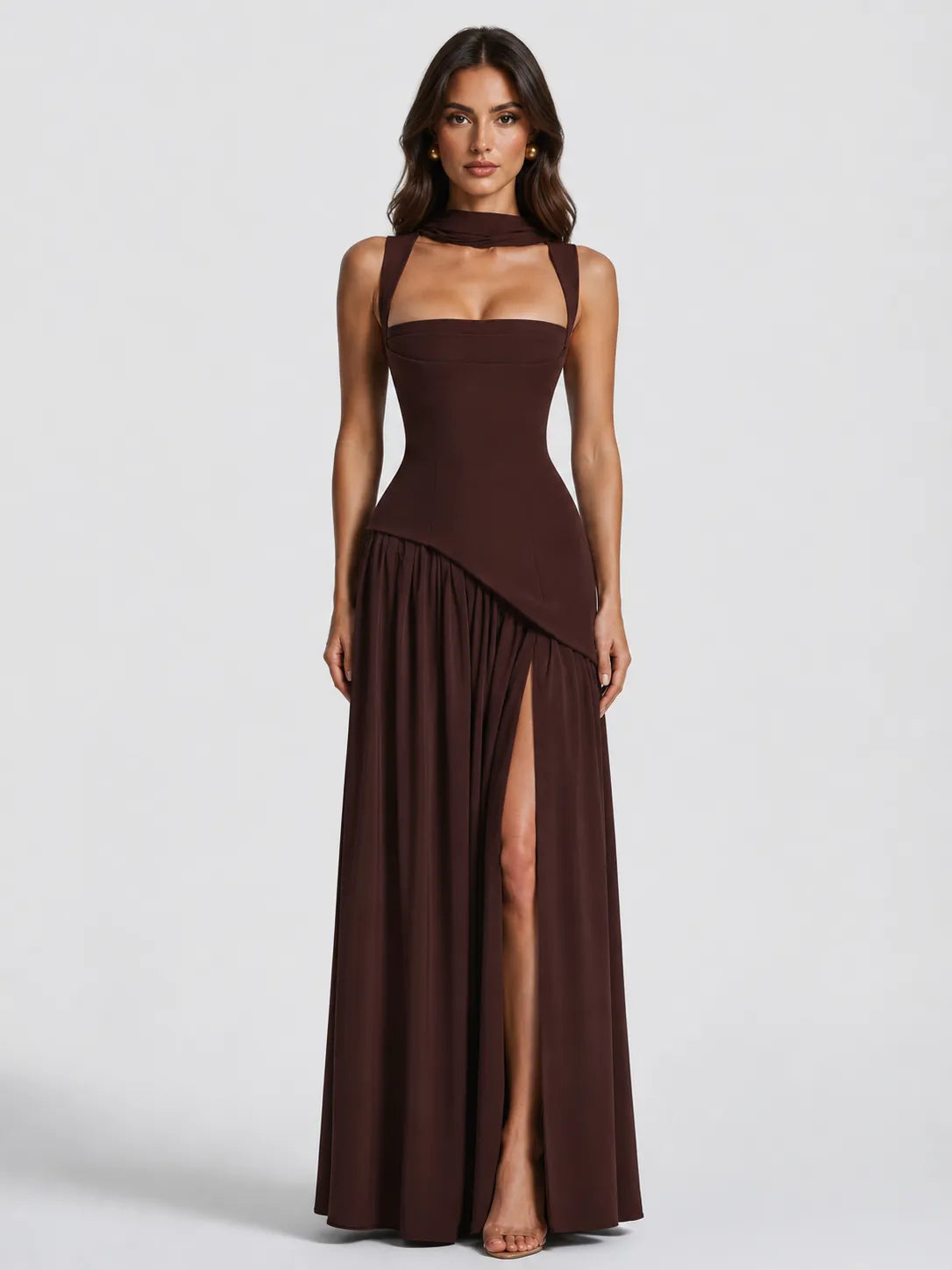 Vestido de Invitada de Boda Largo Elegante Fluido con Asimétrico