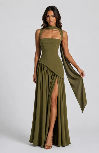Vestido de Invitada de Boda Largo Elegante Fluido con Asimétrico
