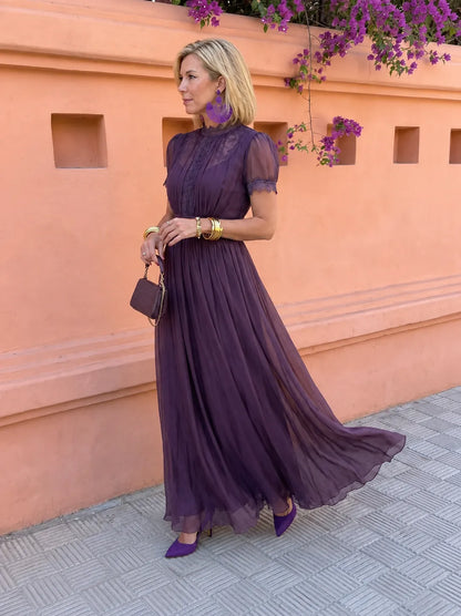 Vestido de Invitada de Boda Largo Elegante Fluido con Cuello Alto