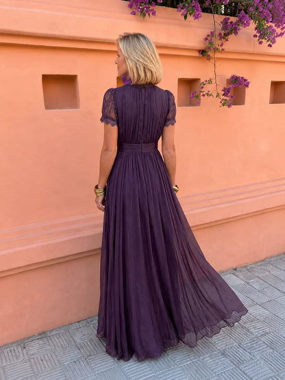 Vestido de Invitada de Boda Largo Elegante Fluido con Cuello Alto