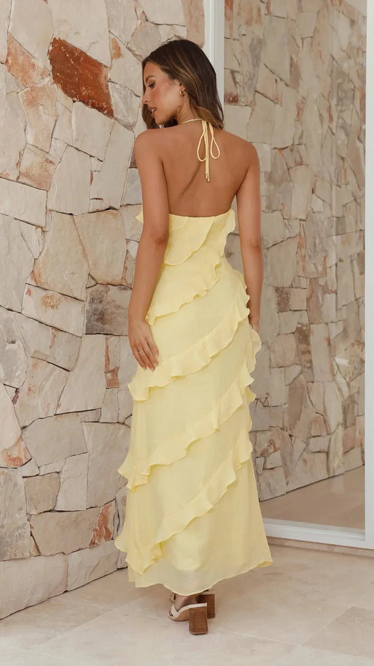 Vestido de Invitada de Boda Largo Elegante Fluido con Cuello Halter