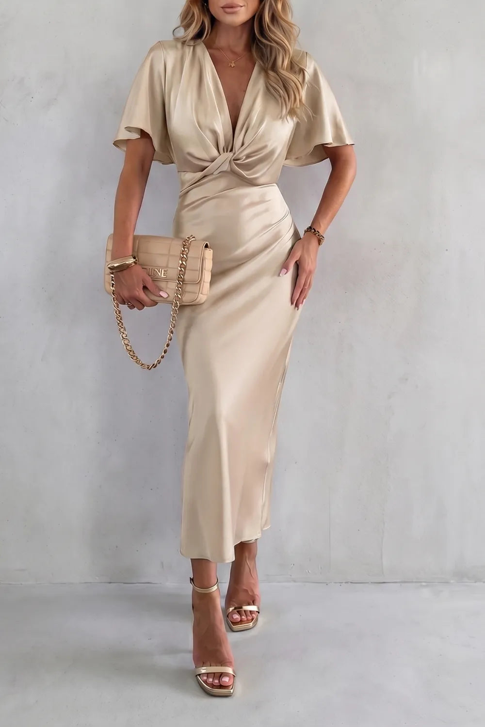 Vestido de Invitada de Boda Largo Elegante Fluido con Detalle de Nudo