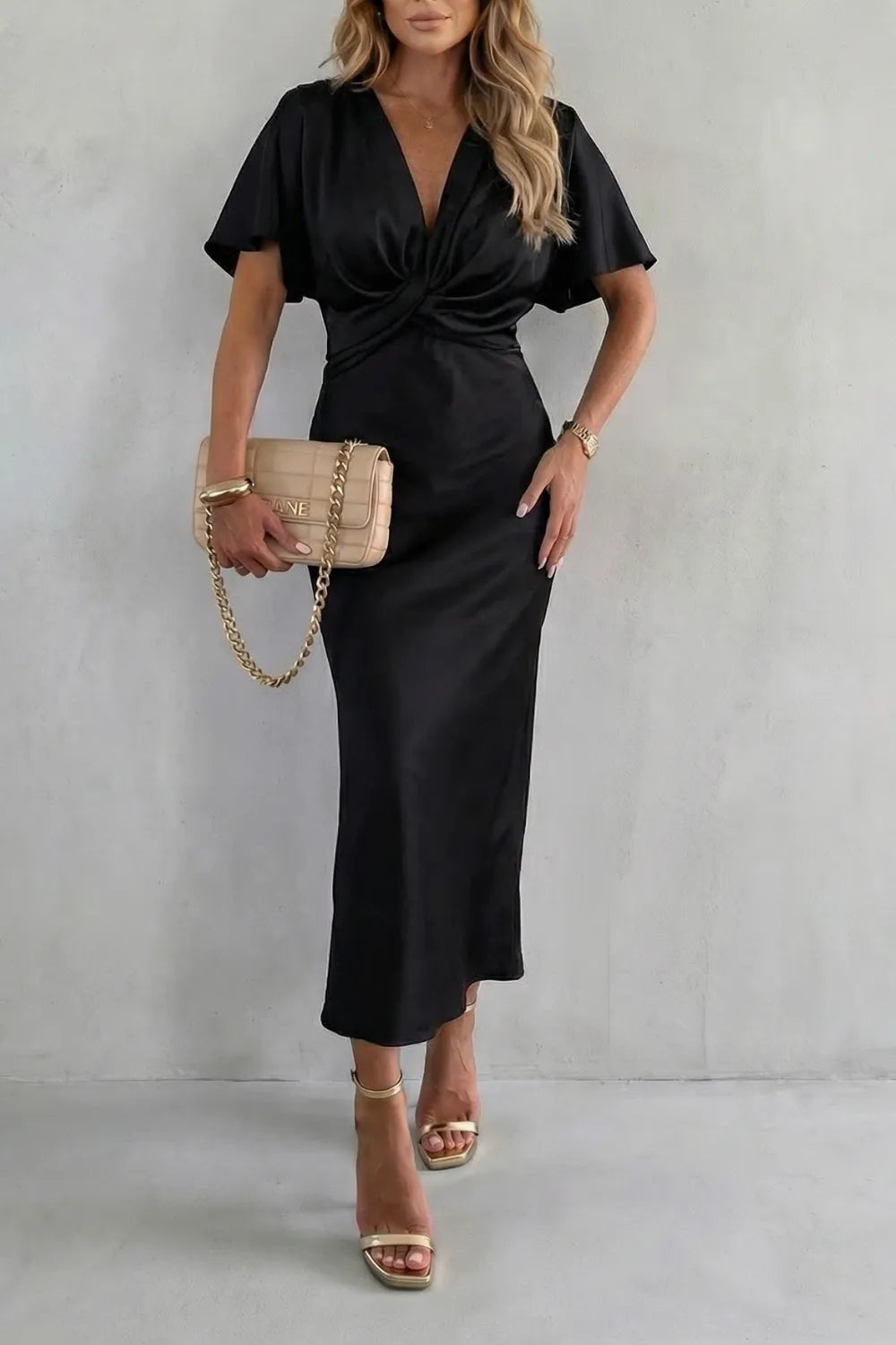 Vestido de Invitada de Boda Largo Elegante Fluido con Detalle de Nudo