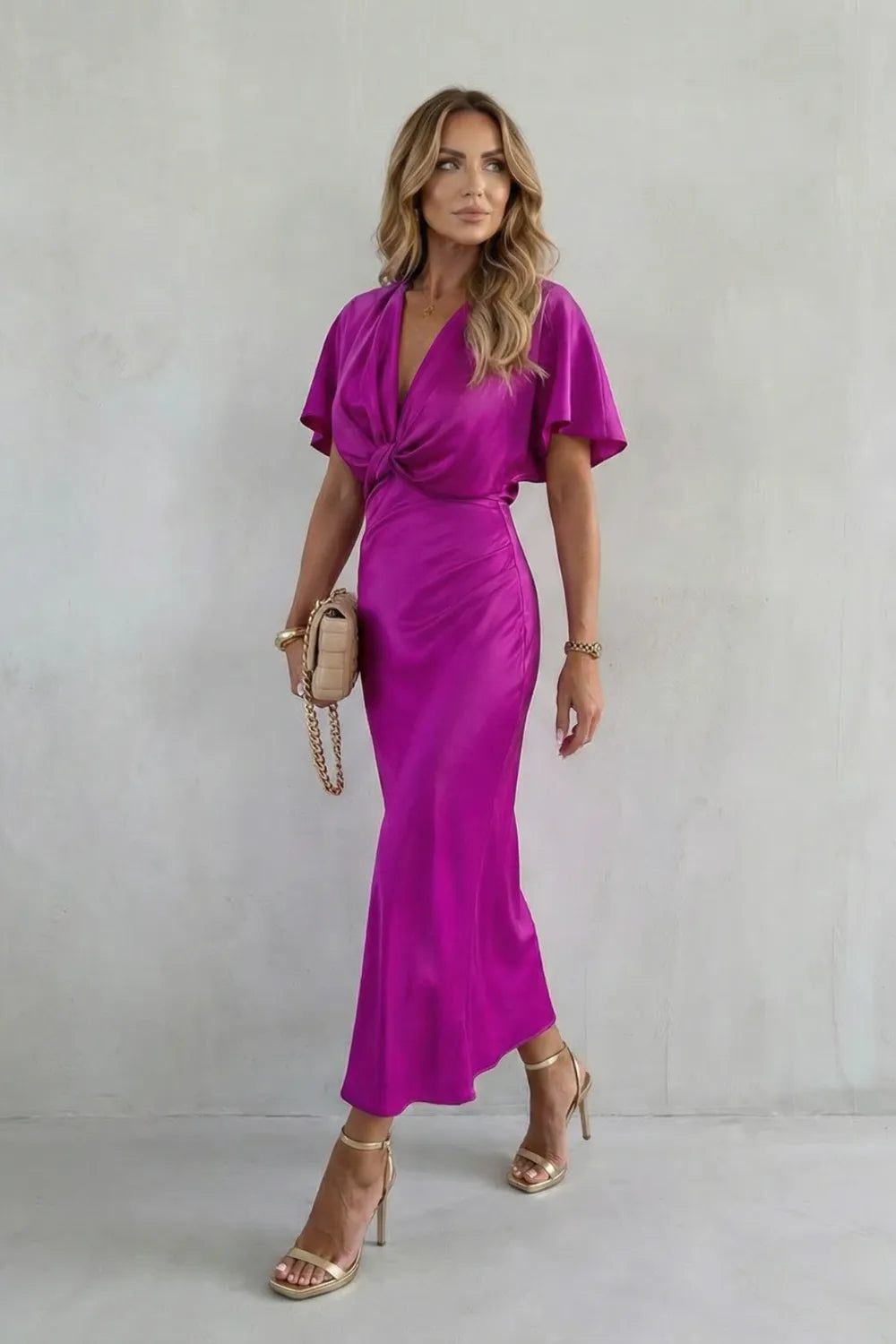 Vestido de Invitada de Boda Largo Elegante Fluido con Detalle de Nudo
