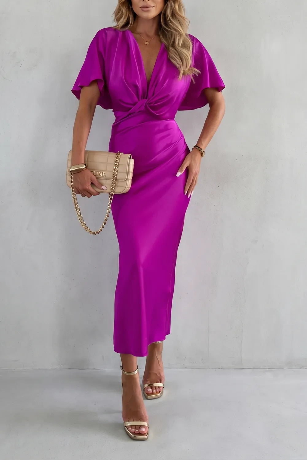 Vestido de Invitada de Boda Largo Elegante Fluido con Detalle de Nudo