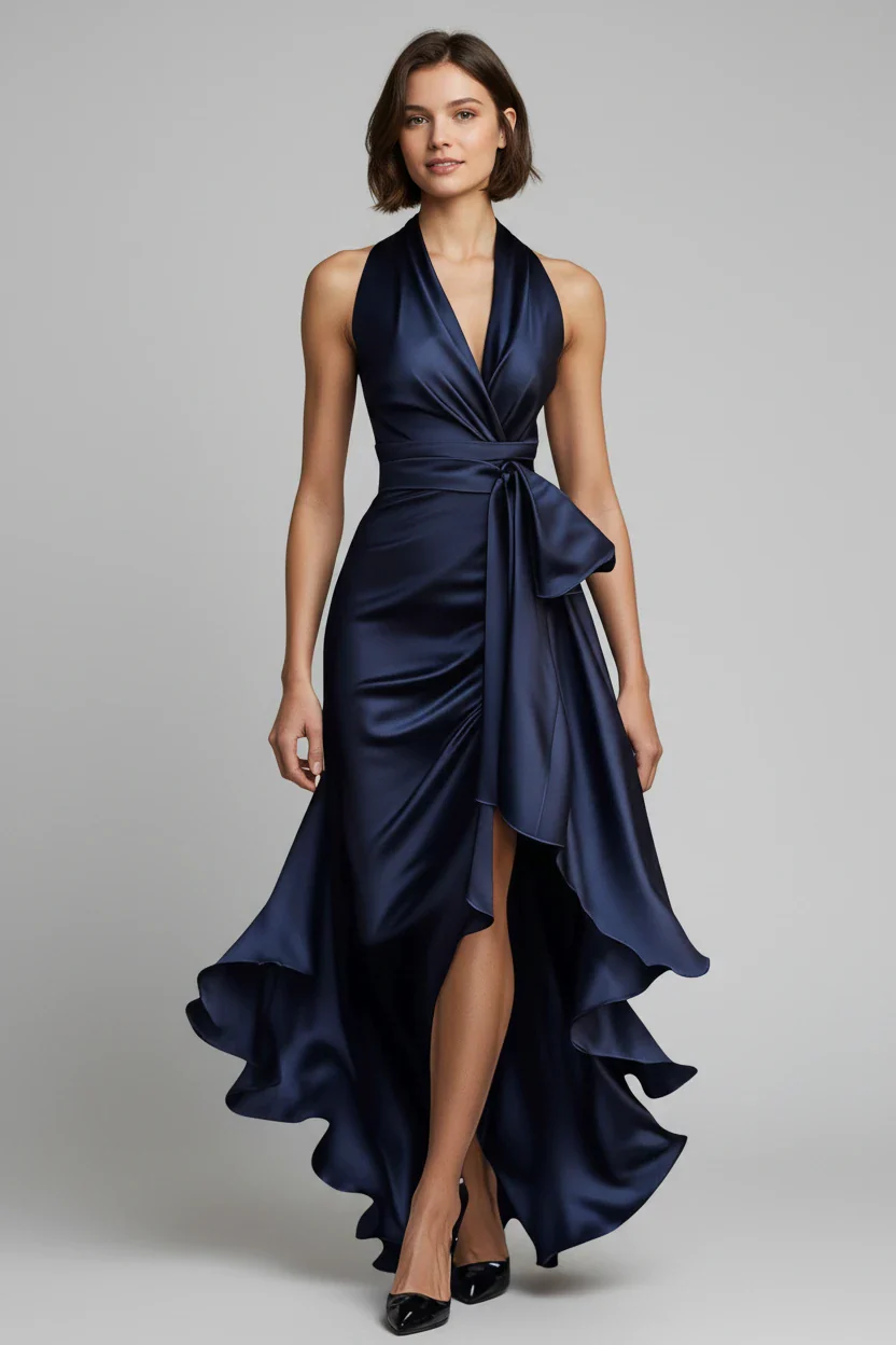Vestido de Invitada de Boda Largo Elegante Fluido con Escote en V