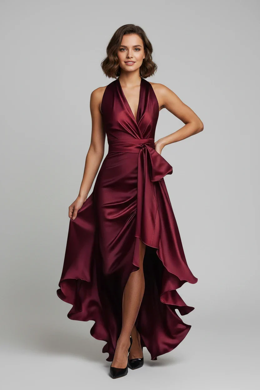 Vestido de Invitada de Boda Largo Elegante Fluido con Escote en V