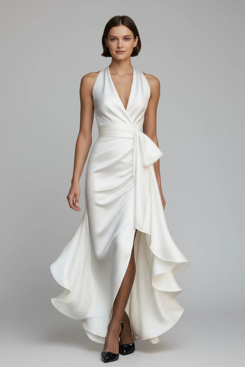 Vestido de Invitada de Boda Largo Elegante Fluido con Escote en V