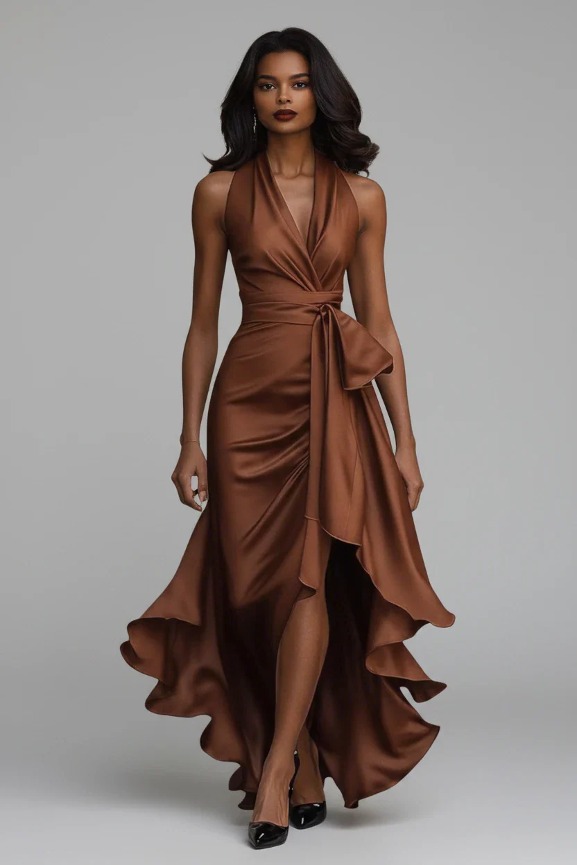 Vestido de Invitada de Boda Largo Elegante Fluido con Escote en V