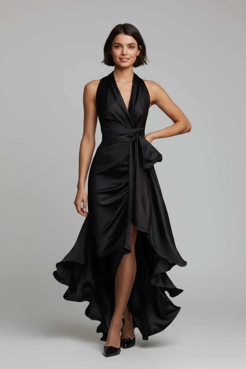 Vestido de Invitada de Boda Largo Elegante Fluido con Escote en V