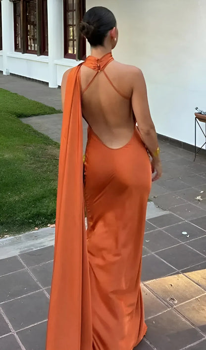 Vestido de Invitada de Boda Largo Elegante Fluido con Espalda Descubierta