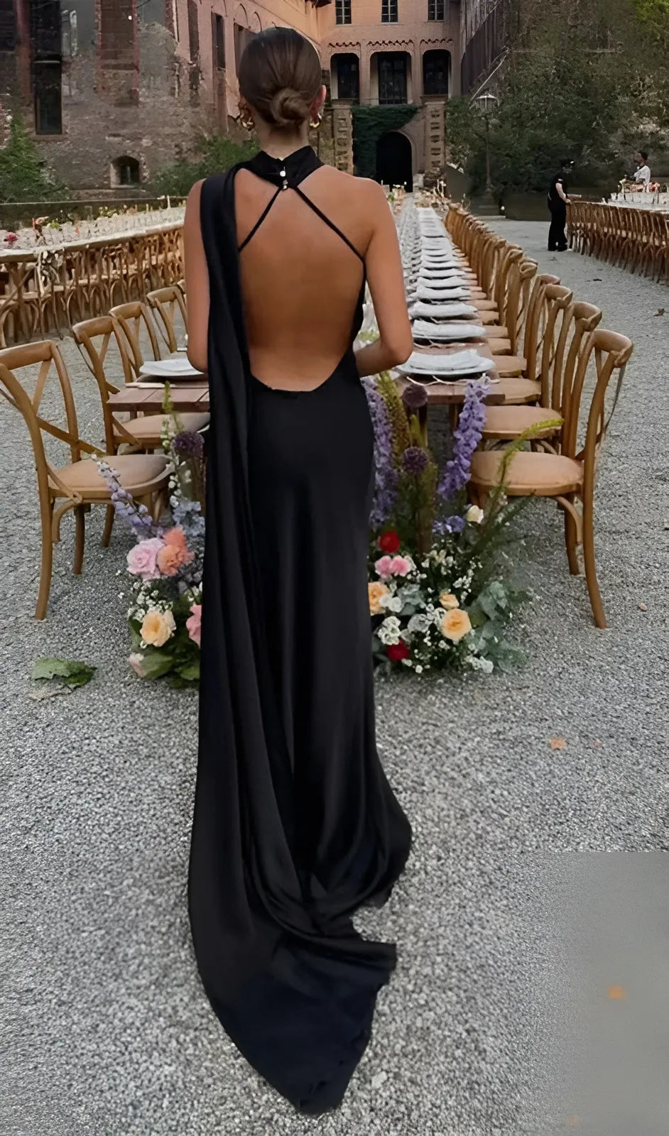 Vestido de Invitada de Boda Largo Elegante Fluido con Espalda Descubierta
